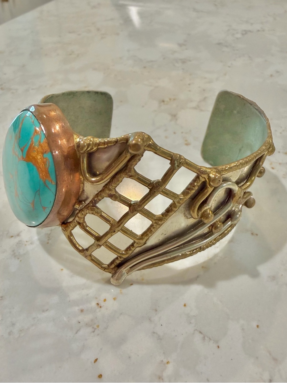 Vintage Mixed Metal Brutalist Turquoise Cuff Bracelet Statement Grid Lattice - Picture 15 of 15